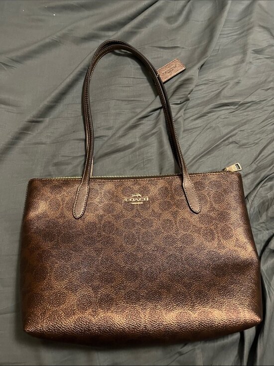 Coach Handbags - Coach Metallic Bronze Signature Canvas Mini Tote Bag (Style CW390)